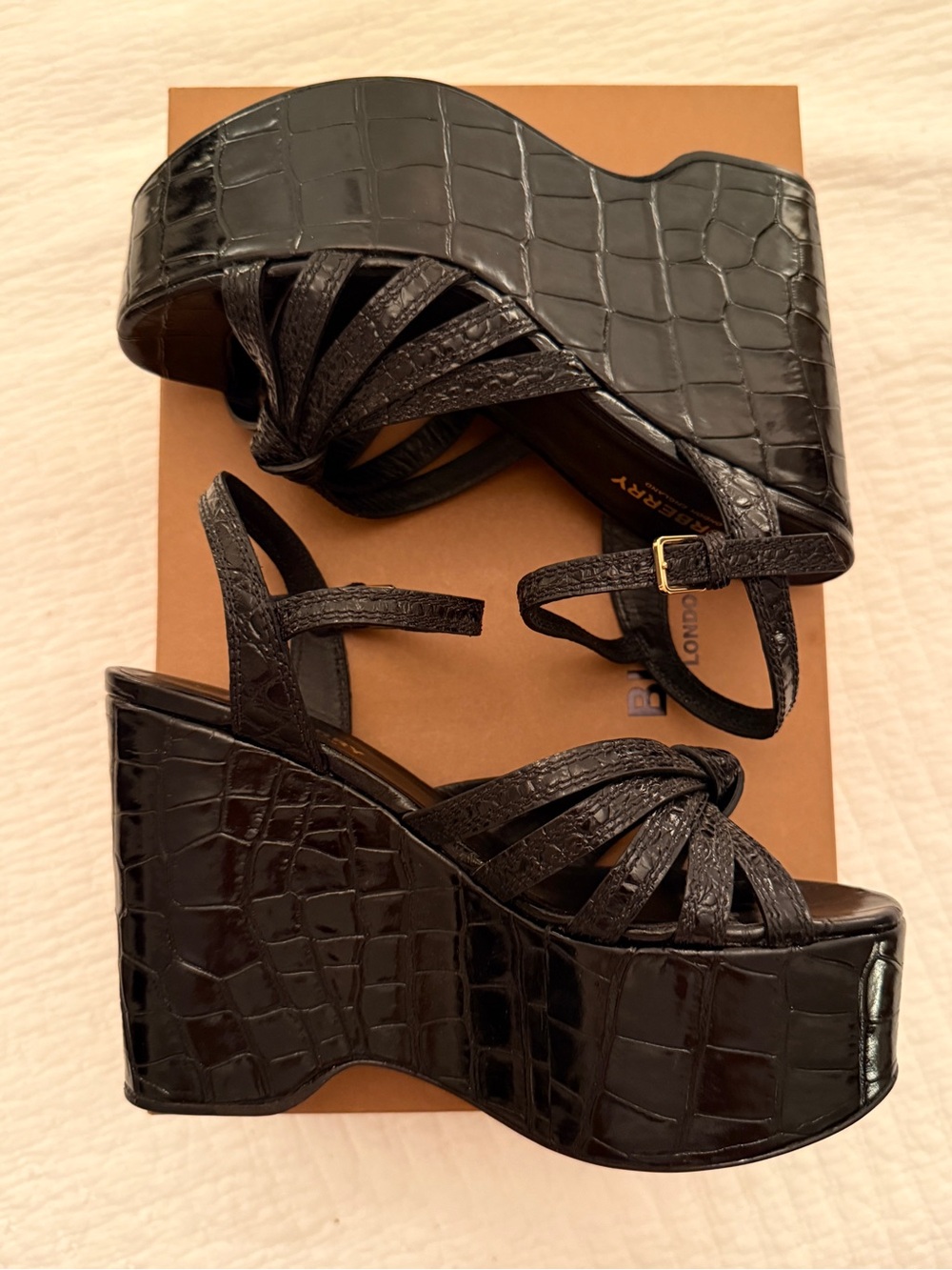 Burberry Black Margate Runway Croc-Embossed Platform Strappy Wedge Sandals BWT